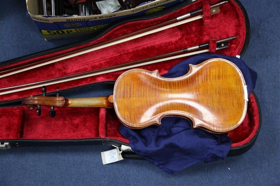 An early 20th century violin, with handwritten label stating made by J.K. Monk, Lewisham,